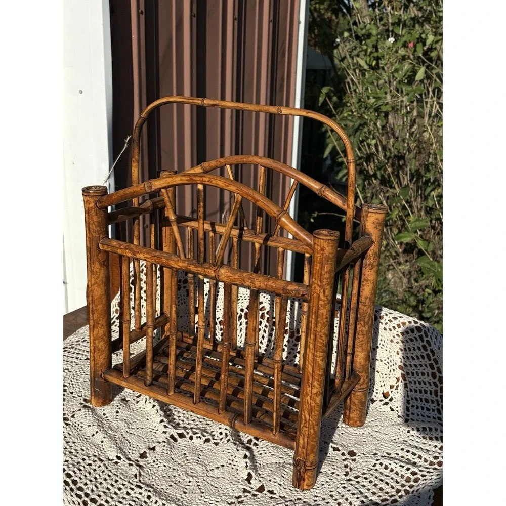 Vintage Bamboo Rattan MCM Magazine Rack Vinyl Storage Holder 14